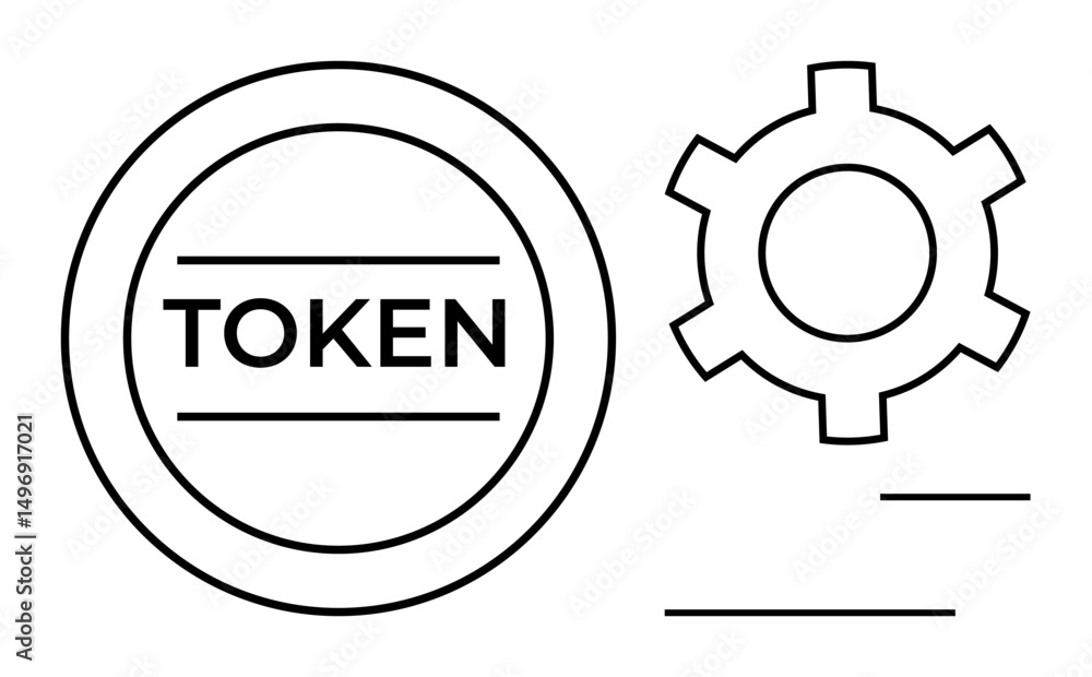 Poster circular token with text, accompanied by a gear symbol and lines. ideal for blockchain, cryptocurren