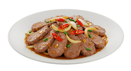 Fototapeta premium A delectable culinary composition, a harmonious blend of savory sausages artfully arranged on a pristine plate. The sausages are complemented by vibrant onions and chili.