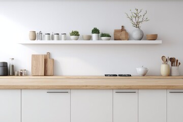 Modern kitchen interior featuring wooden countertop, minimalist decor, and organized shelves with plants