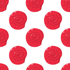 Seamless Pattern of Red Nautilus Shells on a White Background. Repetitive pattern featuring stylized red nautilus shells on a clean white backdrop. Decorative and vibrant design suitable for artistic