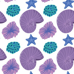 Seamless Pattern with Colorful Marine Shells, Starfish, and Coral Illustrations. Vibrant seamless pattern featuring colorful illustrations of marine elements like shells, starfish, and coral. Ideal 
