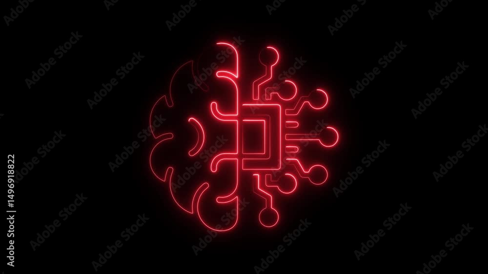 Poster glowing red neon artificial intelligence brain circuitry on black background