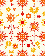Scandinavian embroidery pattern with sunbursts, flowers, vines in tangerine.