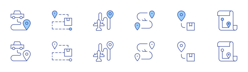 Destination icon set in two styles, Duotone and Thin Line style. Editable stroke. sedentary, route, destination, maps