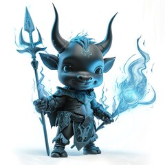 Adorable Minotaur Warrior With Magical Weapons Isolated White Background