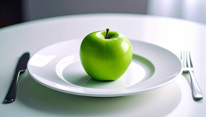 A green apple on a white plate.