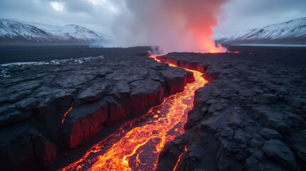 Hypothetic Conceptual: Volcanic Eruption with Flowing Lava Rivers