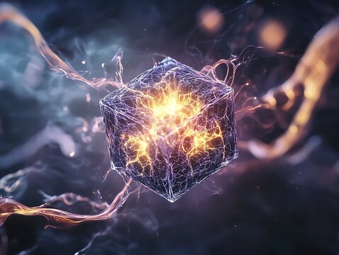 A plasma stream surrounding a symbolic qubit cube for computing.