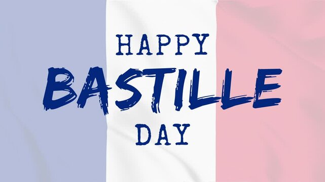 Happy Bastille Day blue text animation with random fade in effect on French flag background. Compatible for Bastille Day themed motion graphic designs.