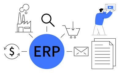 ERP concept with icons for industry, financial flow, online orders, search tools, documents, email, and media. Ideal for business digitalization, process management tech solutions finance