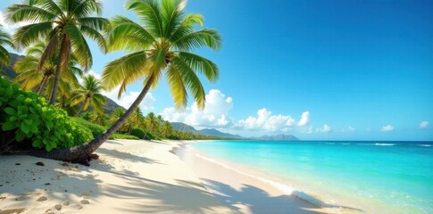 Tall coconut palms sway gently in Hawaiian breeze, pristine sand , vista, ocean