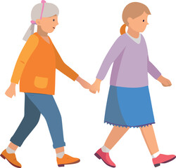 Two stylized illustrations of elderly women, one in a teal top and navy pants, the other in an orange top and brown skirt, are depicted walking confidently.
