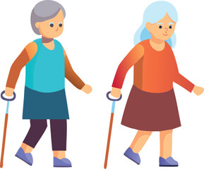 Two stylized illustrations of elderly women, one in a teal top and navy pants, the other in an orange top and brown skirt, are depicted walking confidently.