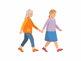 Two stylized illustrations of elderly women, one in a teal top and navy pants, the other in an orange top and brown skirt, are depicted walking confidently.