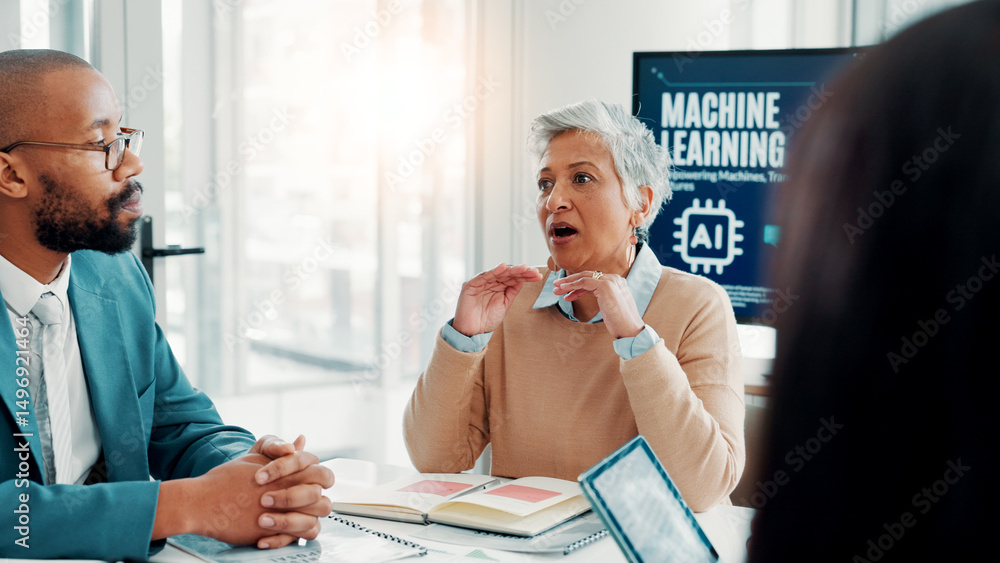 Poster people, speaker and explain presentation in office for machine learning, ai development and process.