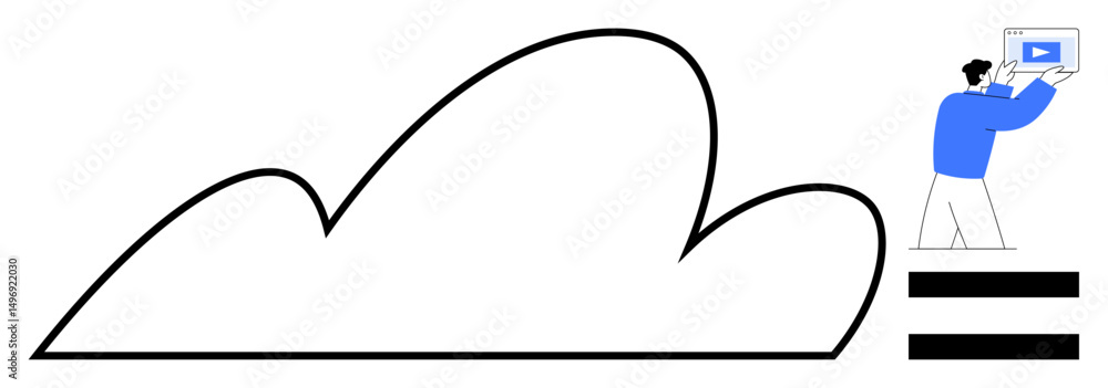 Poster large cloud outline, user uploading digital file via device. ideal for tech, innovation, teamwork, c