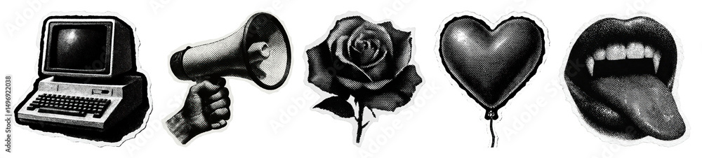 Poster png retro icons in grayscale, element set on transparent background