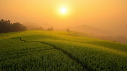Green rice terraces shimmer under the golden sunrise in rural landscape