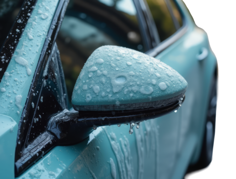 Side Mirror and Reflection – Focusing on the Side Mirror of a Luxury Car Covered in Raindrops