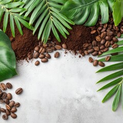 Coffee beans and grounds with tropical leaves (2)