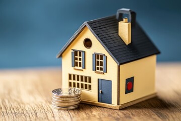 Miniature house model with coins, representing home investment