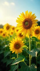Obraz premium A field of sunflowers glistening with morning dew, sunlight catching each petal, creating a sparkling effect Vibrant yellow petals against a soft blue sky , landscape, flower, plant