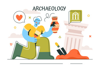 Archaeology Vector Illustration featuring an Archaeological Excavation of Ancient Ruins, Historical Artifacts, and Dinosaur Fossils in a Background