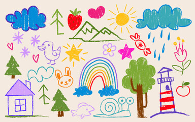 Obraz premium Crayon kid drawings - adorable colorful children doodles of clouds and rainbows, mountains and trees, fruits and animals, flowers and sun. Cute chalk art elements for child design or decoration.