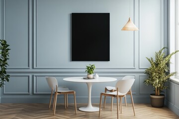 Light blue dining room with a blank art piece