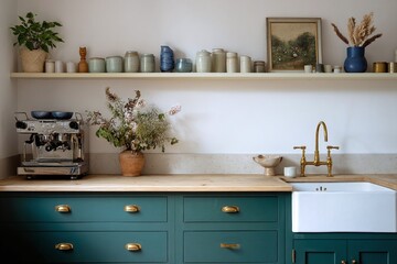 Fototapeta premium Cozy kitchen scene featuring a vintage coffee machine, decorative pottery, and fresh flowers on a shelf