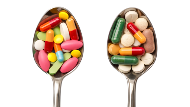 Two spoons full of colorful pills and capsules on transparent background