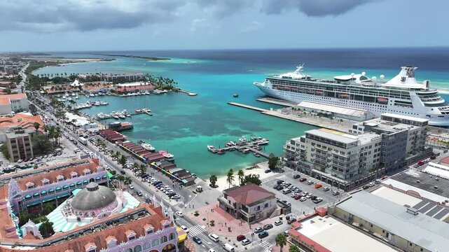 Aruba Skyline In Oranjestad Caribbean Netherlands Aruba. Tourists Enjoying A Sunny Day At A Caribbean Sea. Island Life Skyline Heaven Beauty.