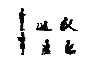 Obraz premium Silhouette Vector Collection of Boys and Girls Reading Books in Various Poses