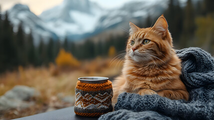Orange cat cozy autumn mountain view knit mug