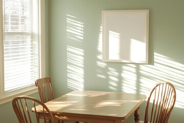 Fototapeta premium Sunlit dining nook with wooden table and chairs