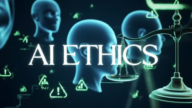 AI Ethics Intro Animation with Futuristic Font, Floating AI Faces, Scales, Code Brackets, and Tech Icons on Calm Background

