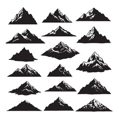 Collection of fifteen black and white mountain peak illustrations