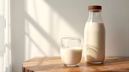 Fresh dairy drink in glass bottle and round glass on wood table ideal for ecommerce or farm-to-table promotions