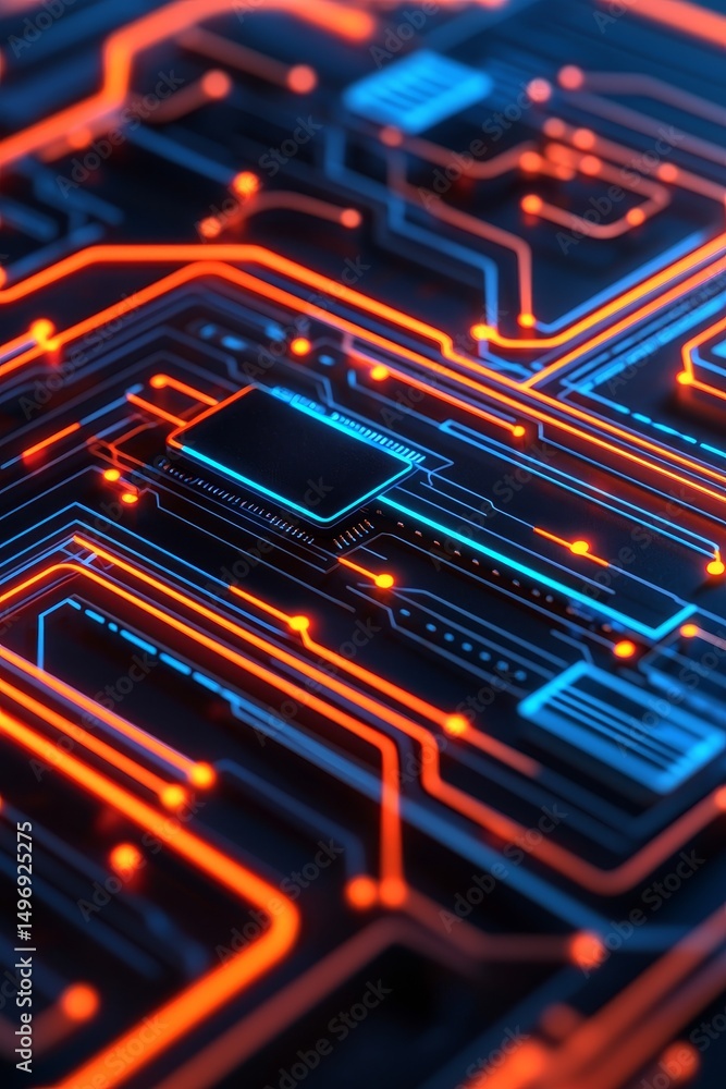 Poster abstract circuit board design with glowing lines and connections.