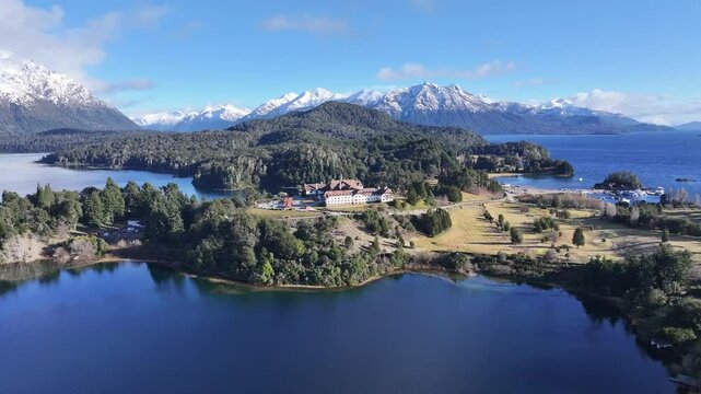 Bariloche Skyline In San Carlos De Bariloche Rio Negro Argentina. Tropical River With A Scenic Forest Trees Viewed From Above. Outdoor Travel Patagonia Glacier. Outdoor Patagonia Above View.
