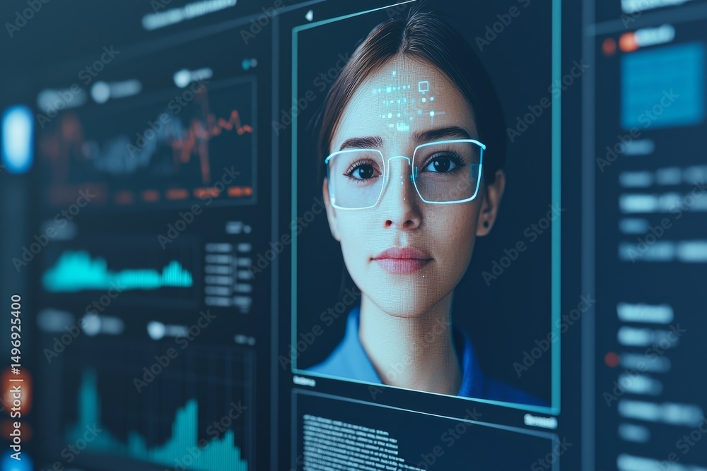 Poster facial recognition technology in a digital interface display.