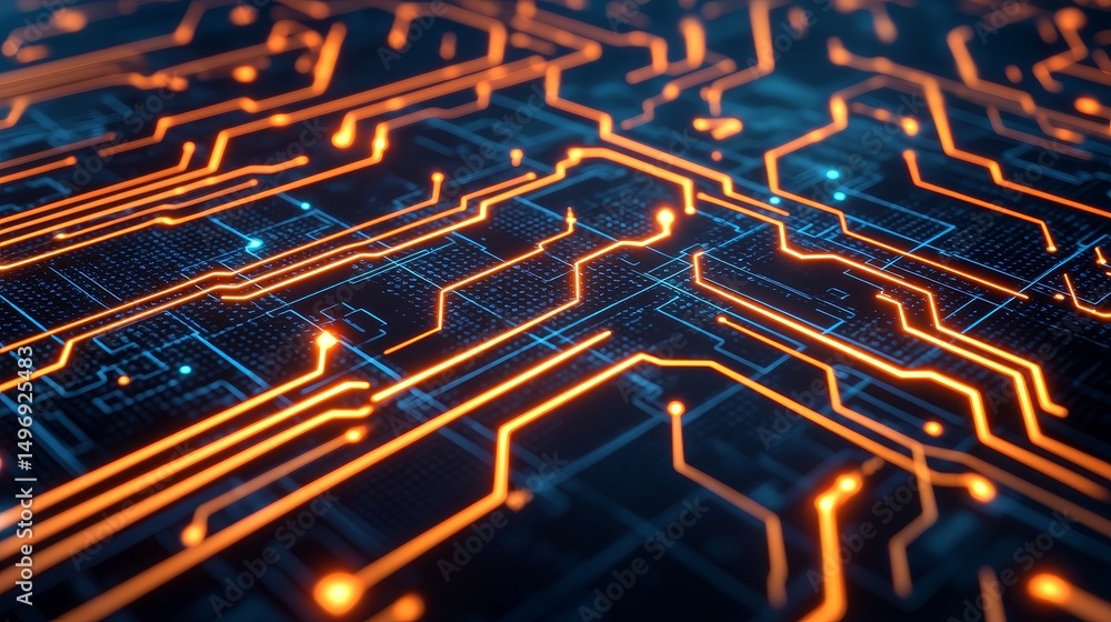 Poster abstract digital circuit design with glowing lines and nodes.