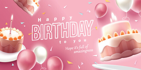 Happy Birthday celebration typography design with 3d birthday cake for greeting card, poster or banner. Vector illustration