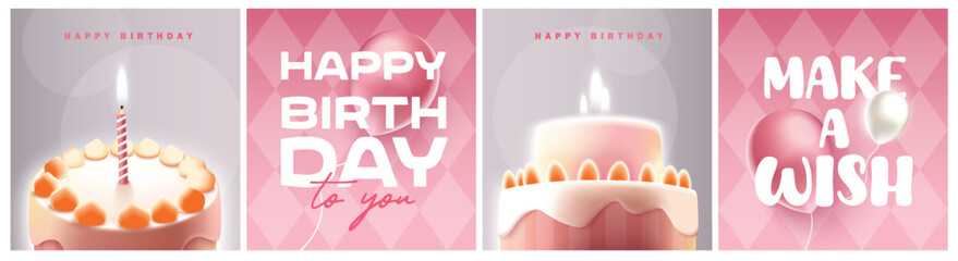 Happy Birthday celebration typography design with 3d birthday cake for greeting card, poster or banner. Vector illustration