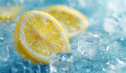 Close-Up of Lemon Slices and Ice Cubes on Blue Background: Freshness for Advertising and Food Design