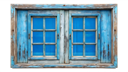 old vintage blue wooden window isolated on white background,PNG
