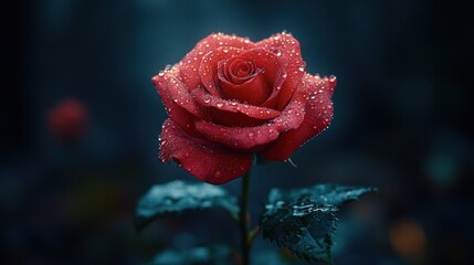 Beautiful red rose with dew drops