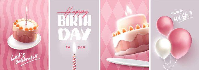 Happy Birthday celebration typography design with 3d birthday cake for greeting card, poster or banner. Vector illustration