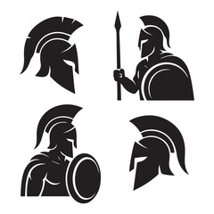 Spartan warrior silhouettes set helmet shield spear profile views