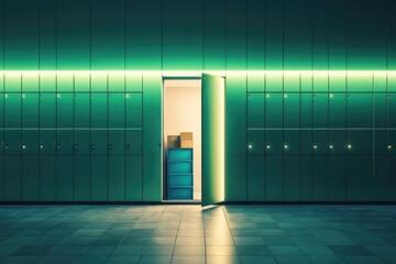 Open teal locker room door at night, illuminated